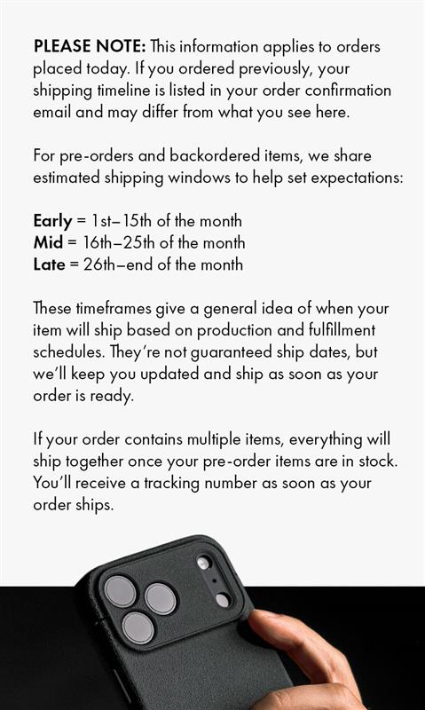 PLEASE NOTE: This information applies to orders placed today. If you ordered previously, your shipping timeline is listed in your order confirmation email and may differ from what you see here. For pre-orders and backordered items, we share estimated shipping windows to help set expectations: Early 1st- 15th of the month Mid 16th-25th of the month Late 26th-end of the month These timeframes give a general idea of when your item will ship based on production and fulfillment schedules. They're not guaranteed 