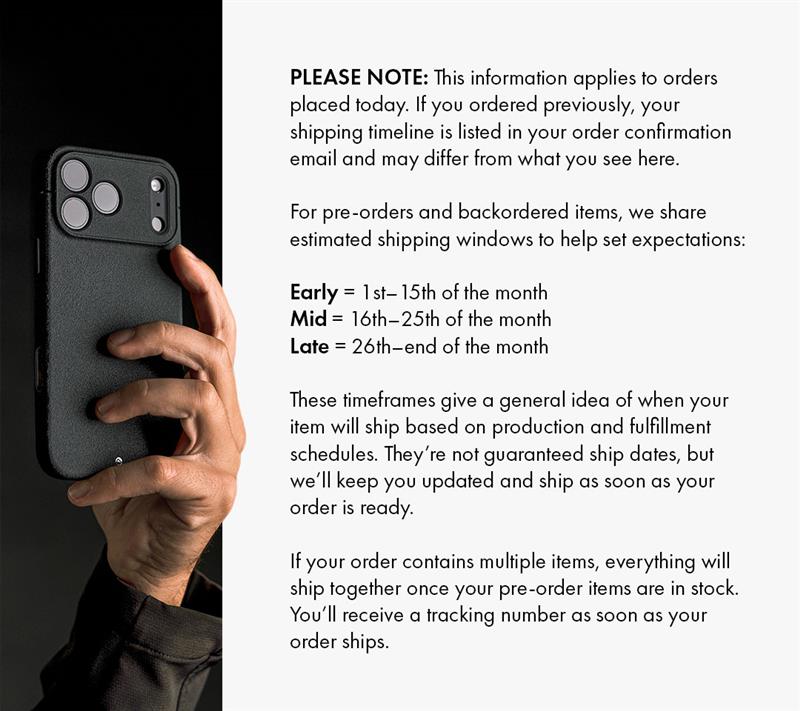 PLEASE NOTE: This information applies to orders placed today. If you ordered previously, your shipping timeline is listed in your order confirmation email and may differ from what you see here. For pre-orders and backordered items, we share estimated shipping windows to help set expectations: Early 1st- 15th of the month Mid 16th-25th of the month Late 26th-end of the month These timeframes give a general idea of when your item will ship based on production and fulfillment schedules. They're not guaranteed 